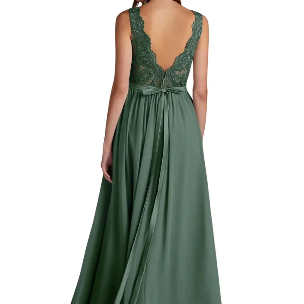 Azazie Green Lace Bodice Chiffon Gown with Side Slit - Picture 4 of 10